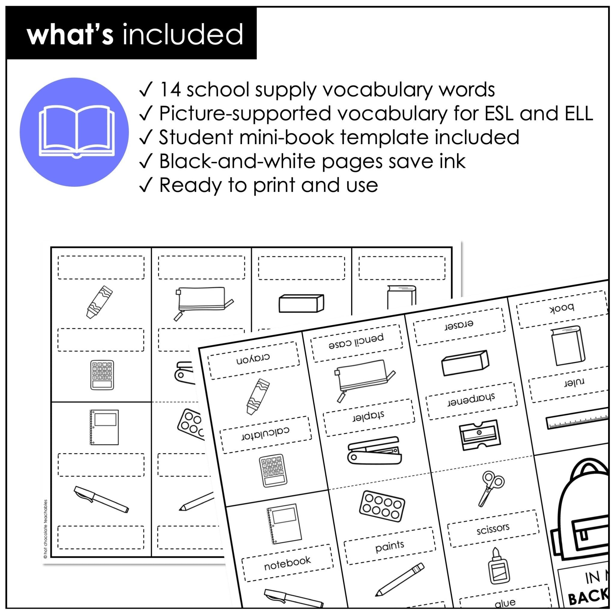 School Supplies Vocabulary Mini-Book | Classroom Vocabulary Picture Dictionary - Hot Chocolate Teachables