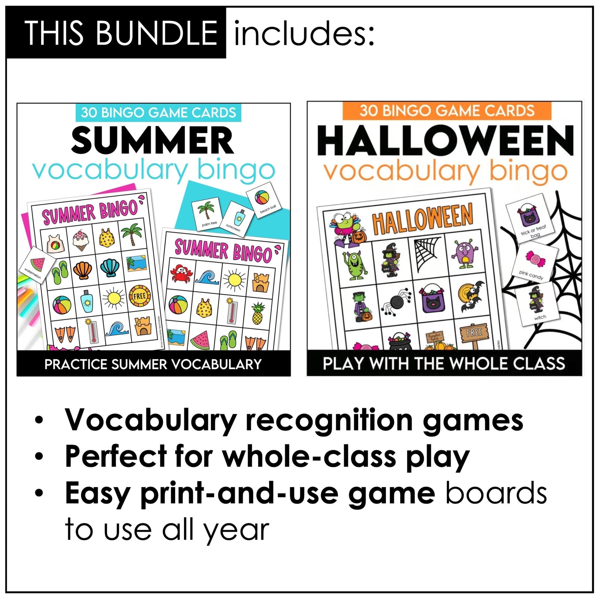 Seasonal Vocabulary Bingo Games Bundle – Valentine’s, Spring, Halloween, Thanksgiving & Christmas - Hot Chocolate Teachables