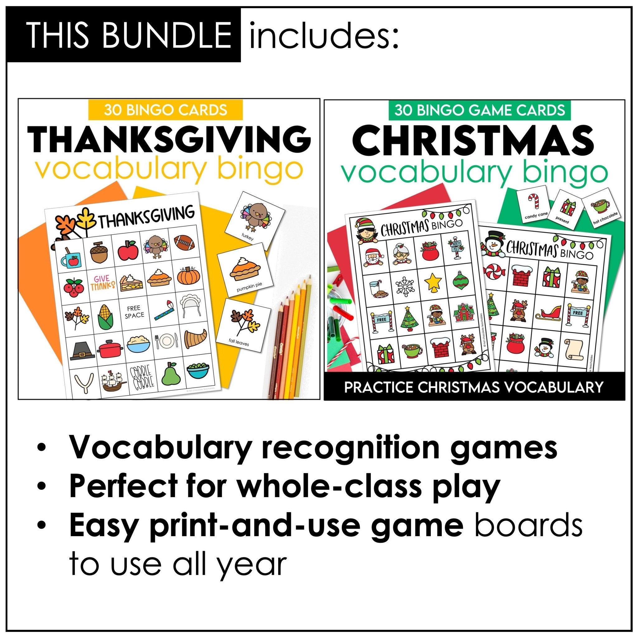 Seasonal Vocabulary Bingo Games Bundle – Valentine’s, Spring, Halloween, Thanksgiving & Christmas - Hot Chocolate Teachables