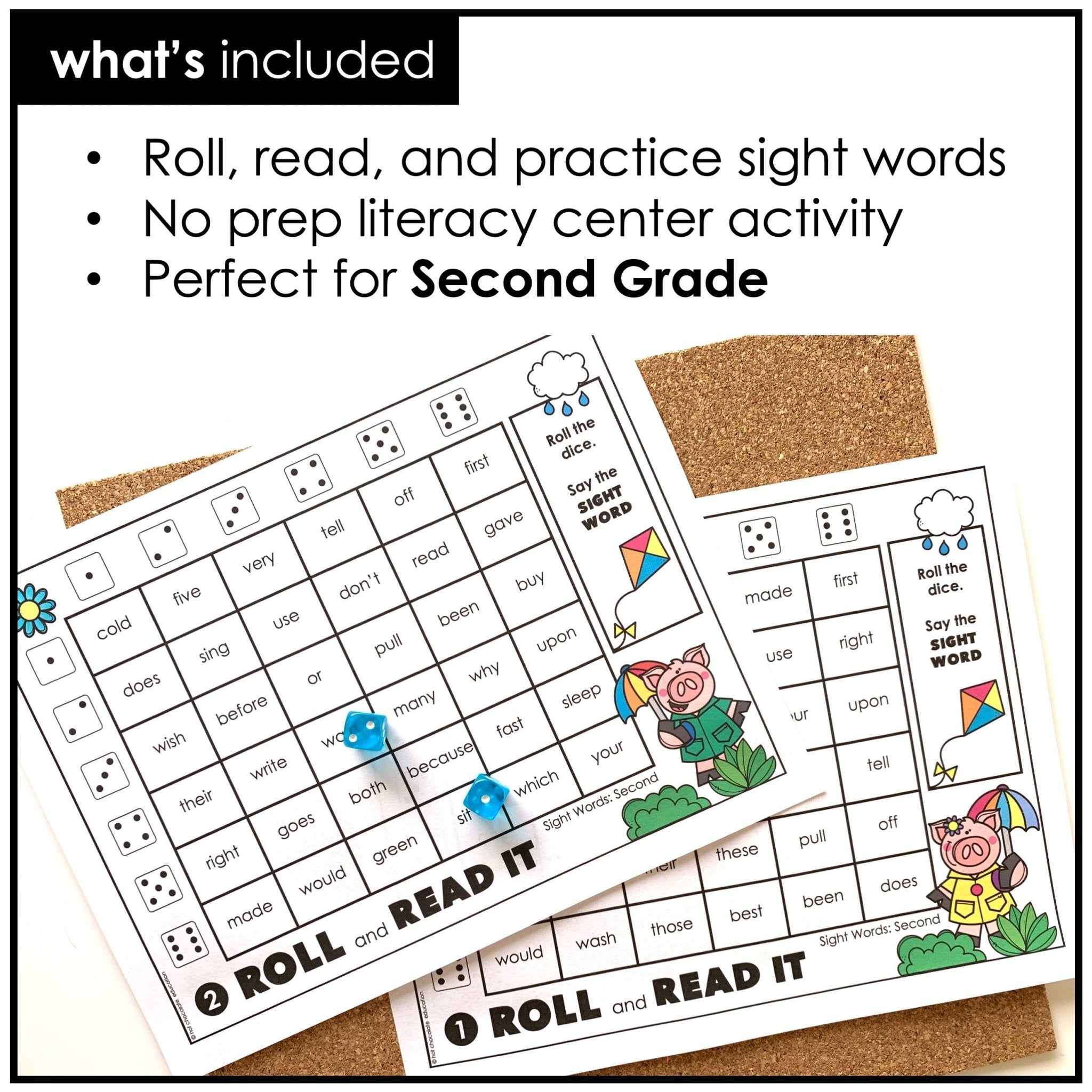SECOND GRADE Sight Words Roll & Read Activity Boards - Dolch List - Hot Chocolate Teachables