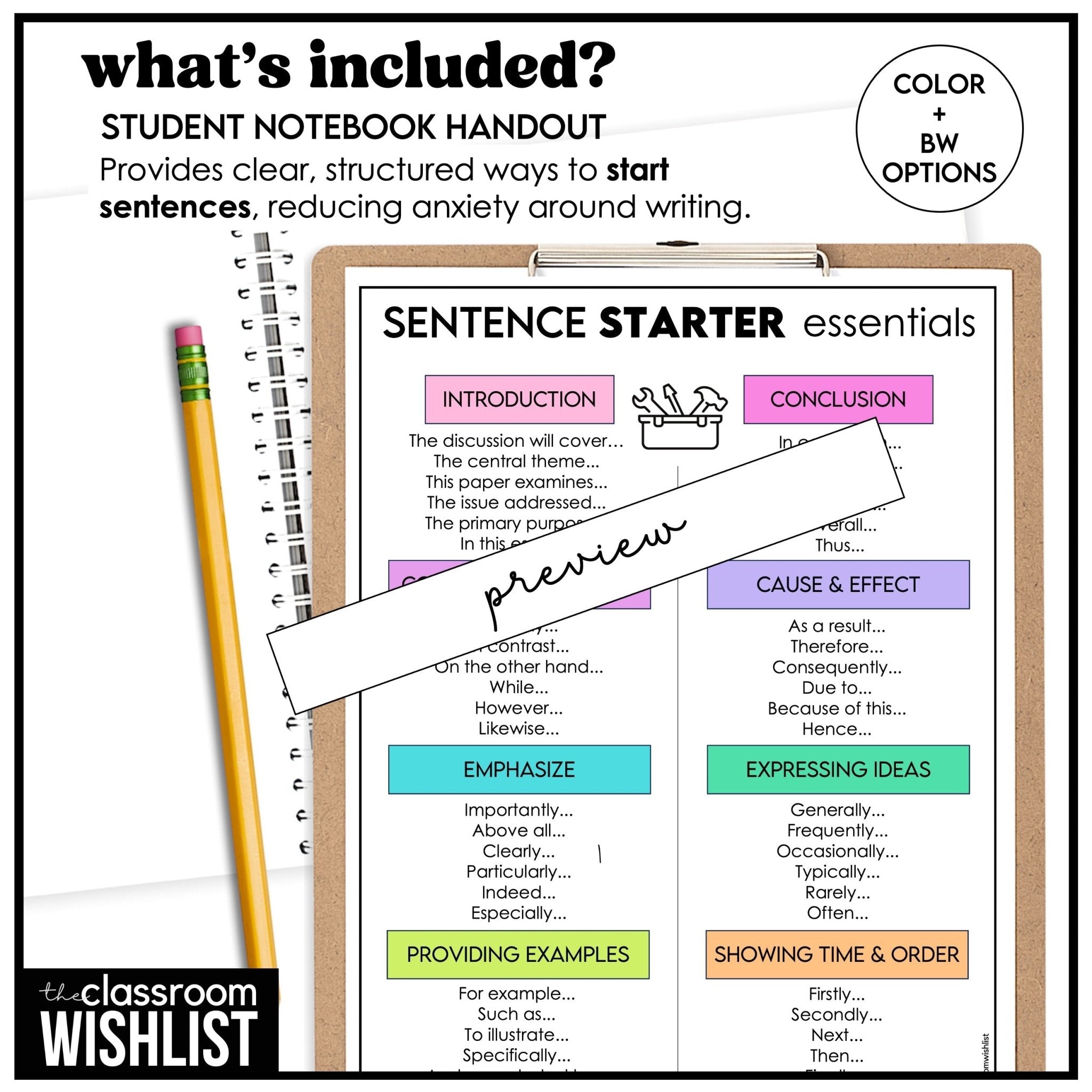 Sentence Starters Chart | Writing Reference Tool for Middle & High School, ESL, poster - Hot Chocolate Teachables