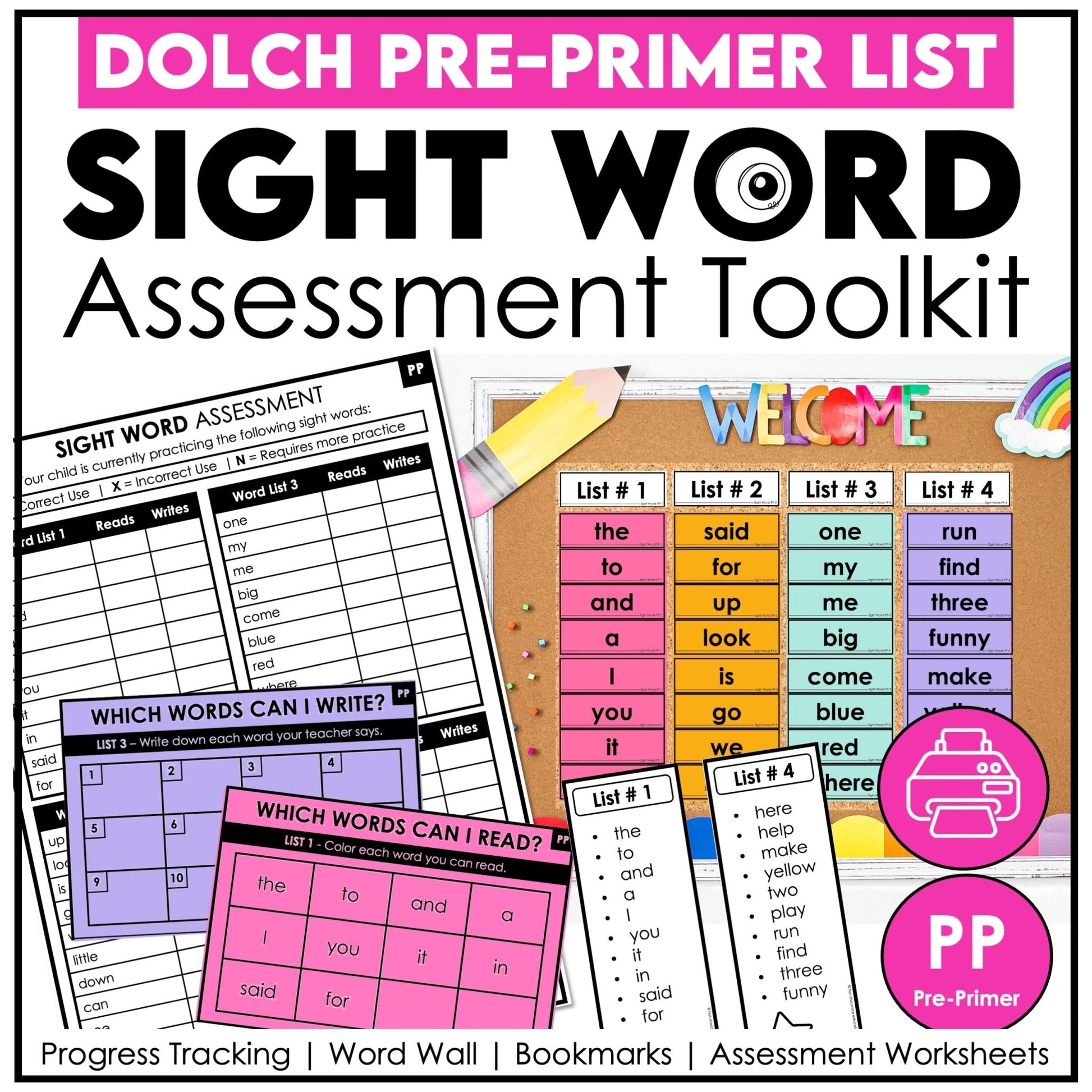 Sight Word Progress Reports - Pre - Primer Words | Assessment & Evaluation Tools + Word Wall - Hot Chocolate Teachables