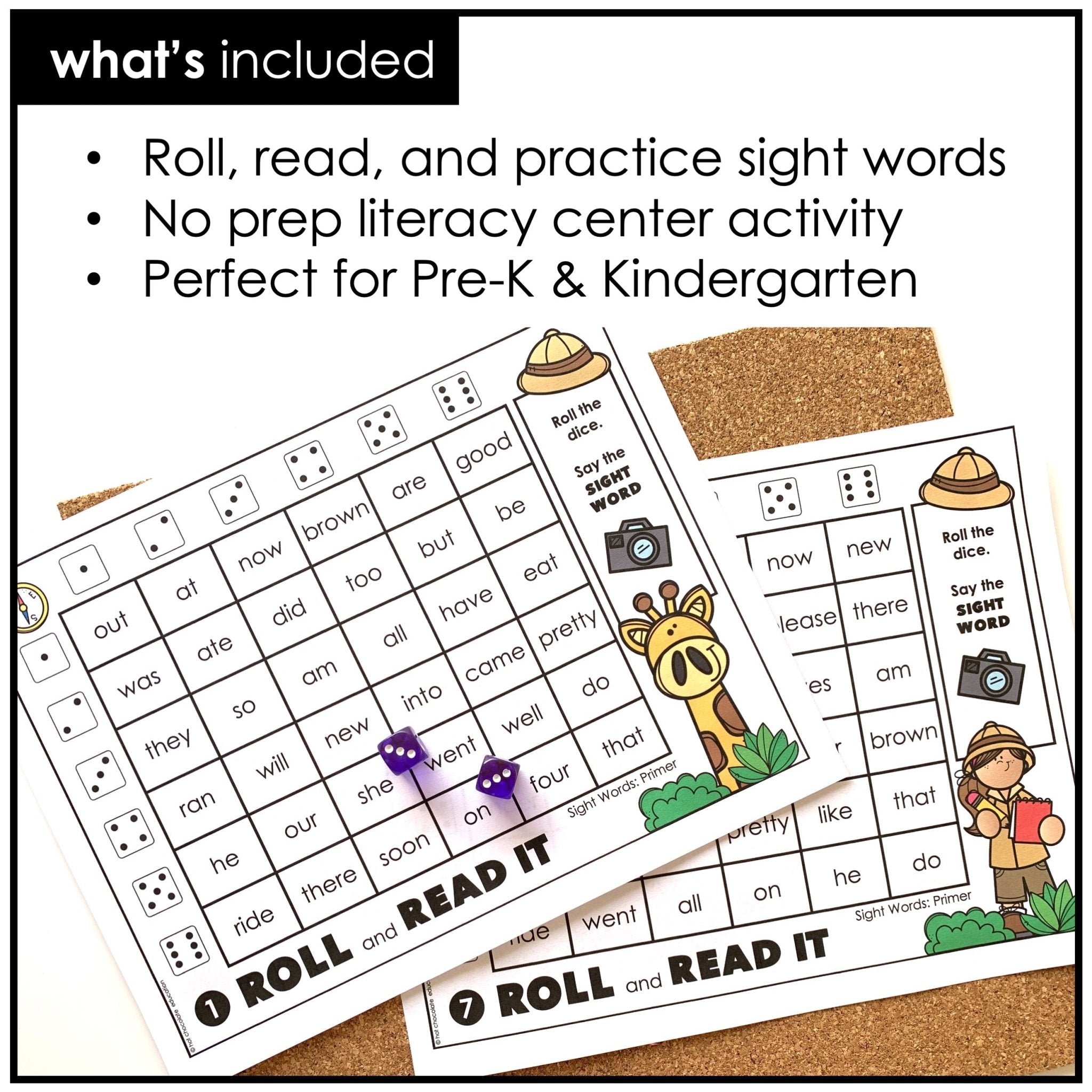 Sight Words Roll & Read Activity Boards - Dolch Primer List - Hot Chocolate Teachables