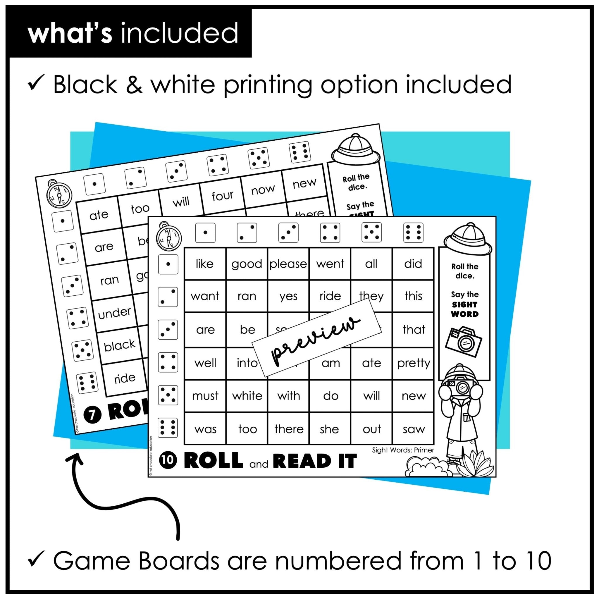 Sight Words Roll & Read Activity Boards - Dolch Primer List - Hot Chocolate Teachables