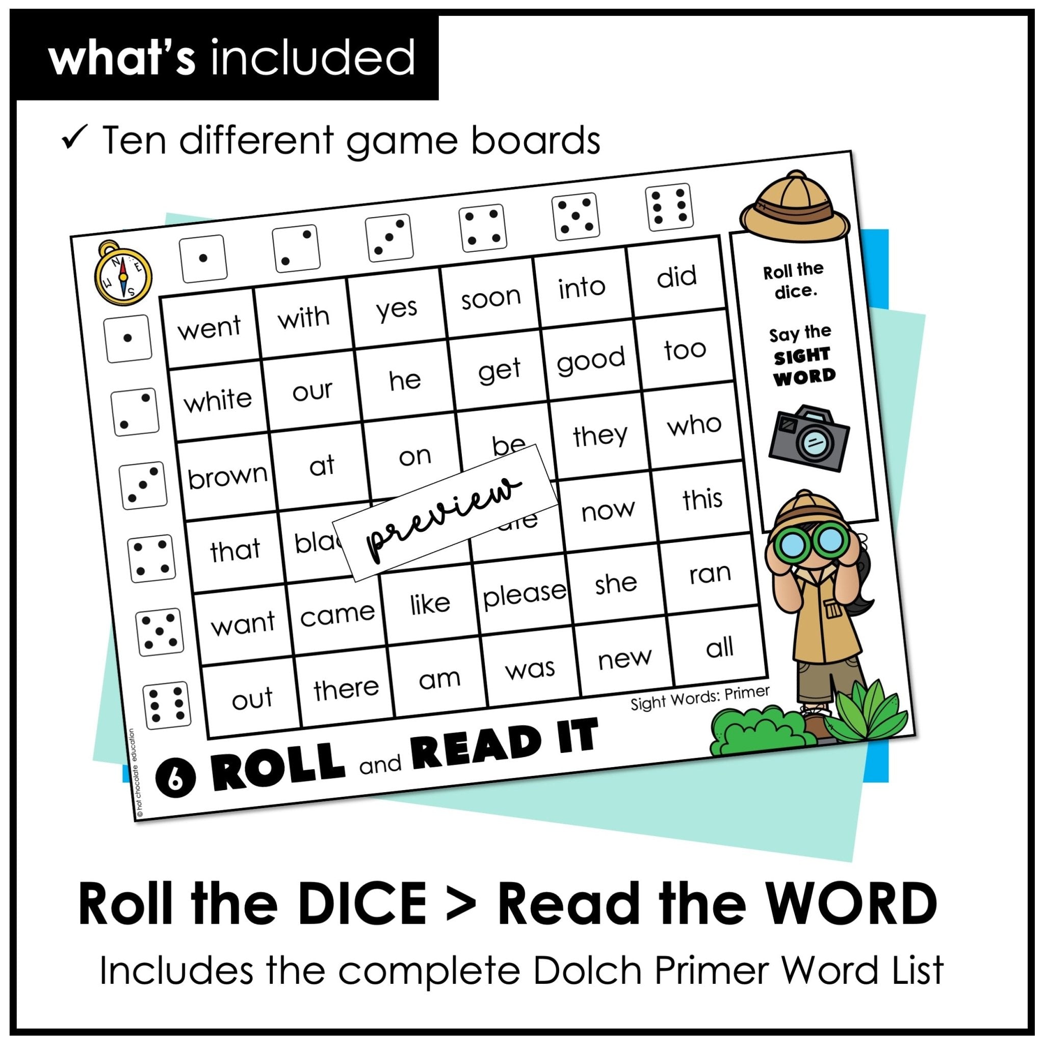 Sight Words Roll & Read Activity Boards - Dolch Primer List - Hot Chocolate Teachables
