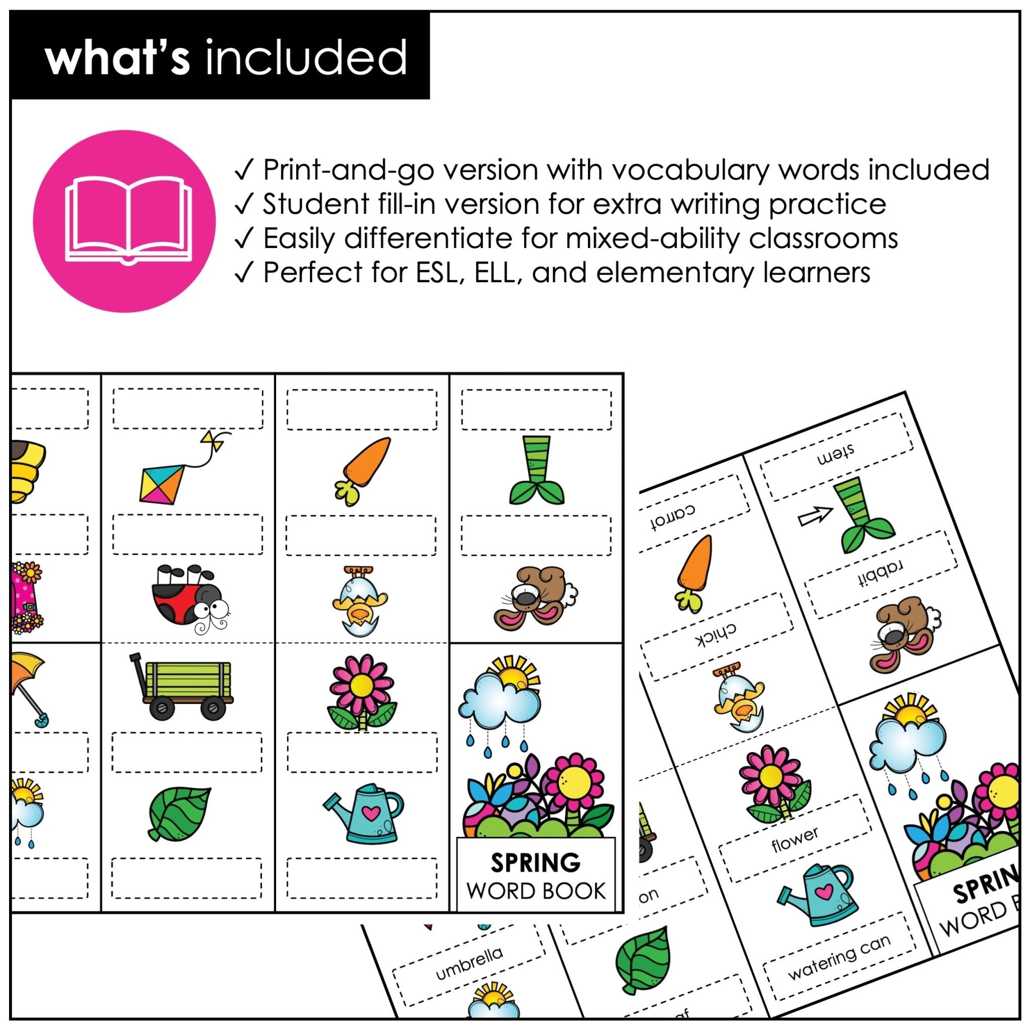Spring Vocabulary Word Mini Book | ESL Picture Dictionary Activity - Hot Chocolate Teachables