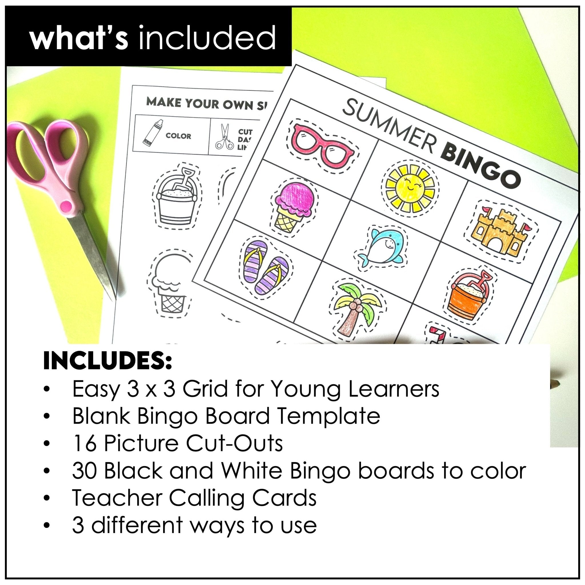 Summer Bingo Game – Cut & Paste Preschool Kindergarten Fine Motor Activity - Hot Chocolate Teachables