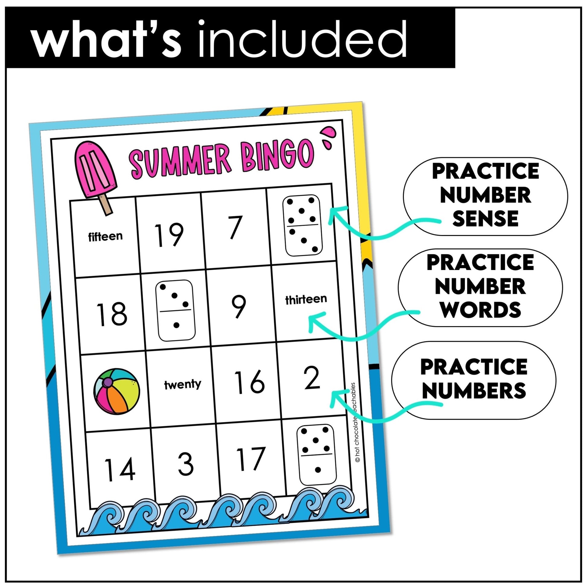 Summer Math Bingo Game 1–20 – Numerals, Number Words & Teen Number Practice - Hot Chocolate Teachables