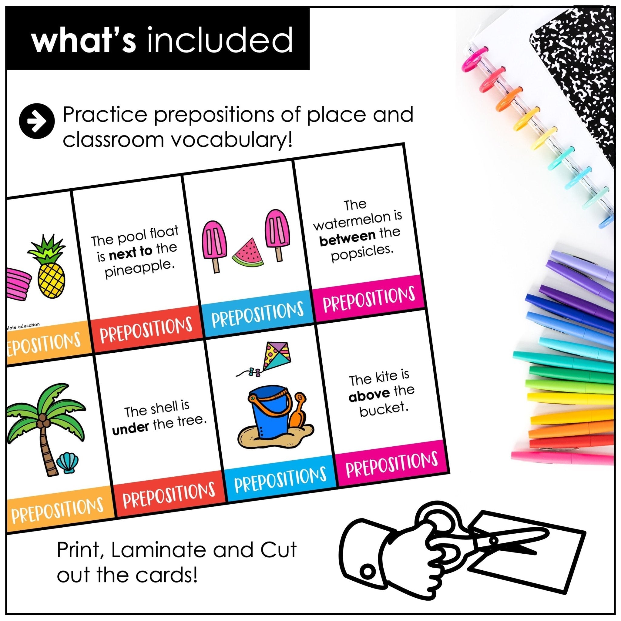 Summer Prepositions of Place Vocabulary – Printable Matching Cards - Hot Chocolate Teachables