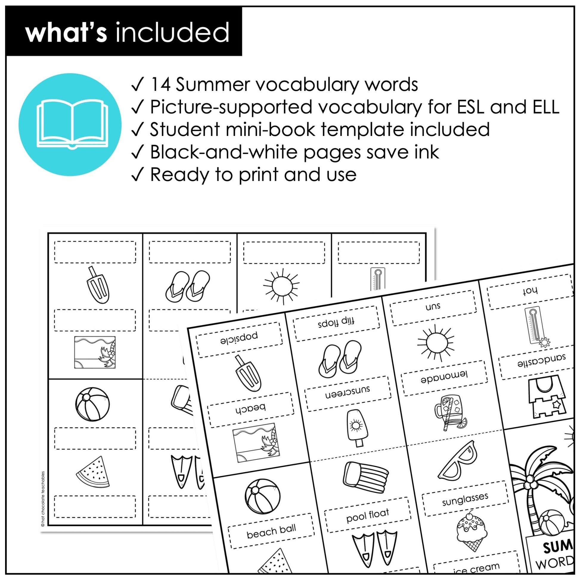Summer Vocabulary Word Mini Book | ESL Picture Dictionary Activity - Hot Chocolate Teachables