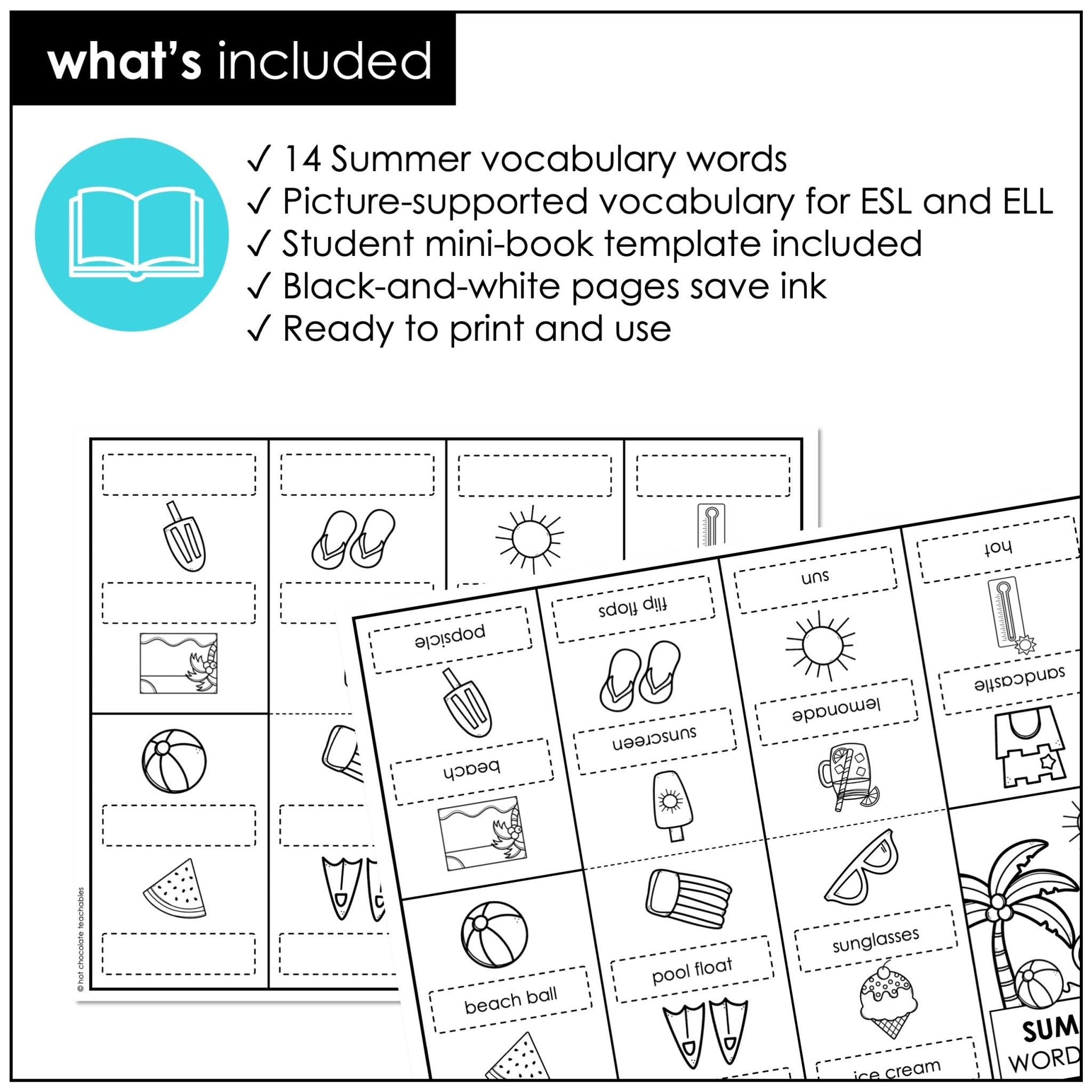 Summer Vocabulary Word Mini Book | ESL Picture Dictionary Activity - Hot Chocolate Teachables