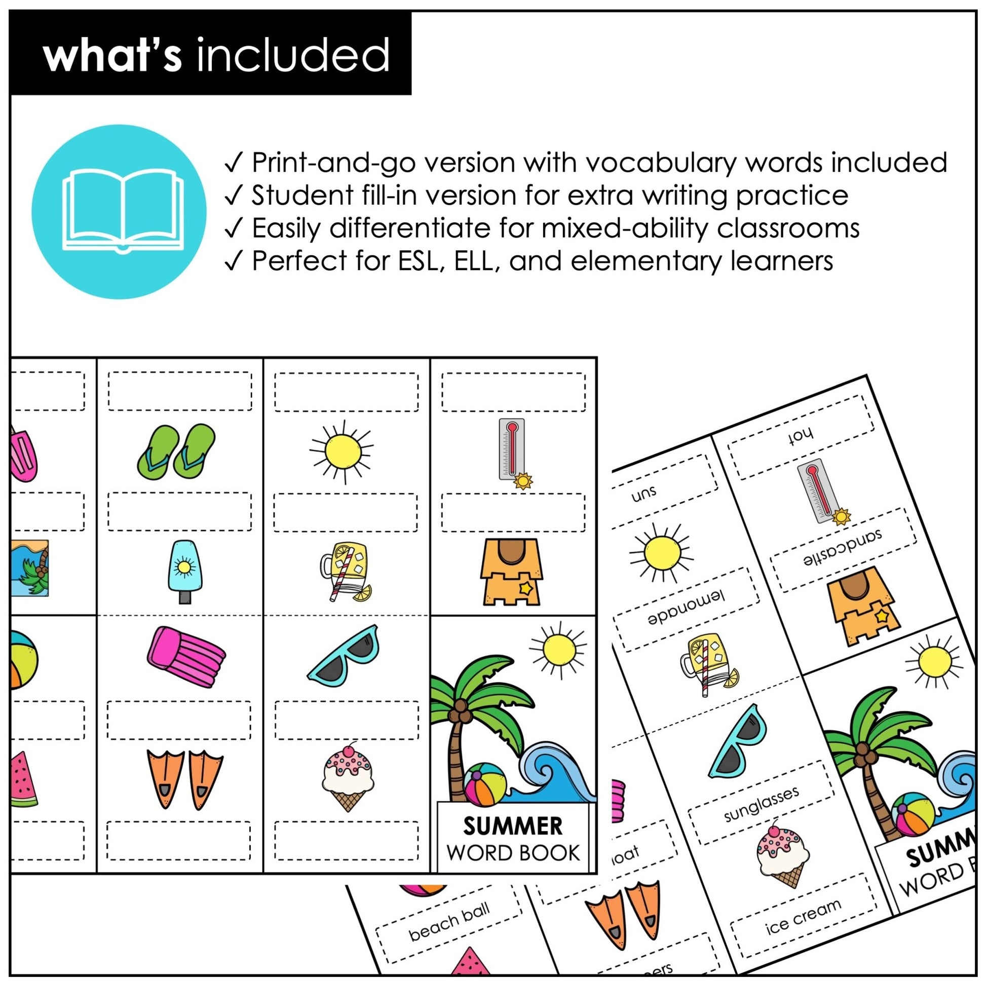 Summer Vocabulary Word Mini Book | ESL Picture Dictionary Activity - Hot Chocolate Teachables