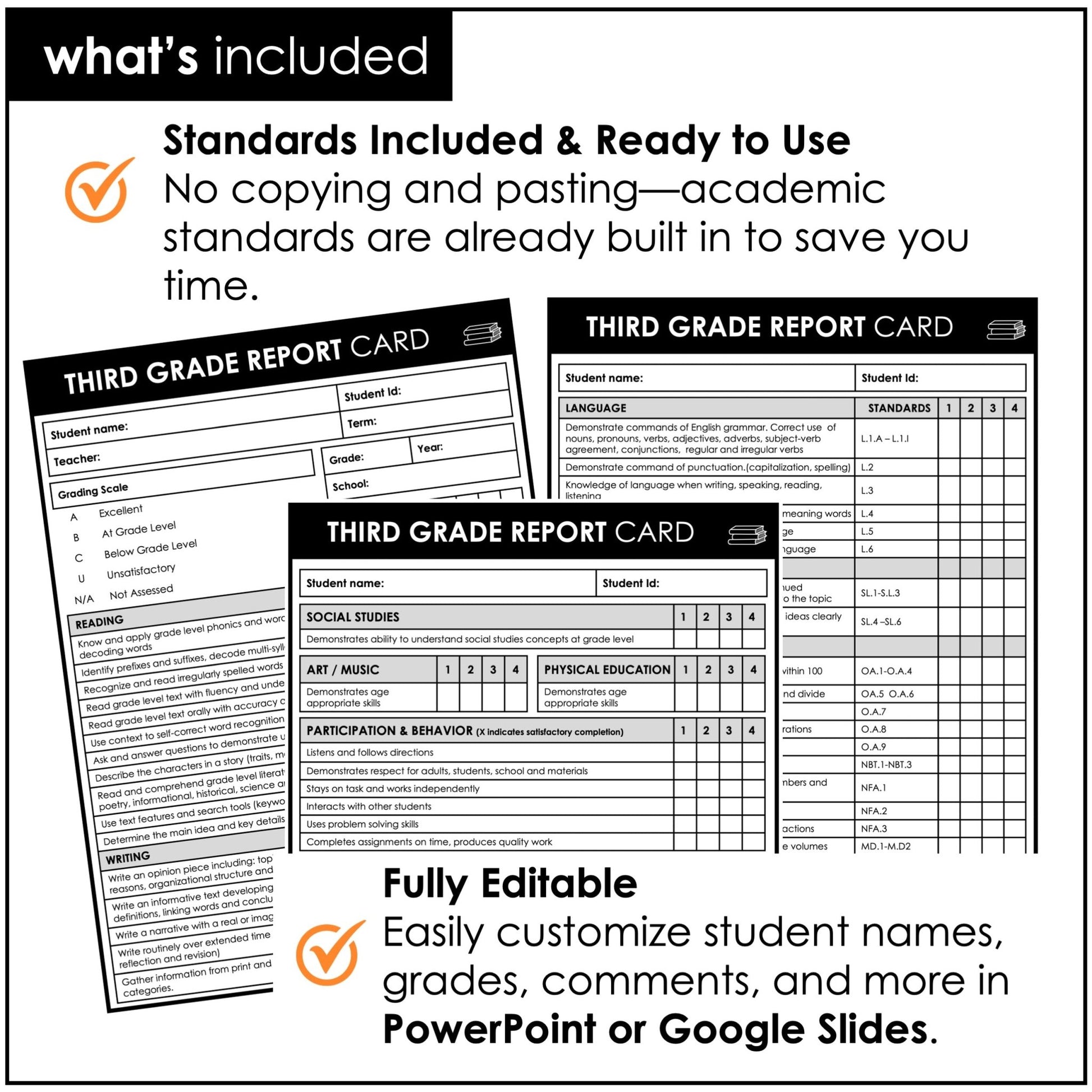Third Grade Editable Report Card Templates with Common Core Aligned Standards - Hot Chocolate Teachables