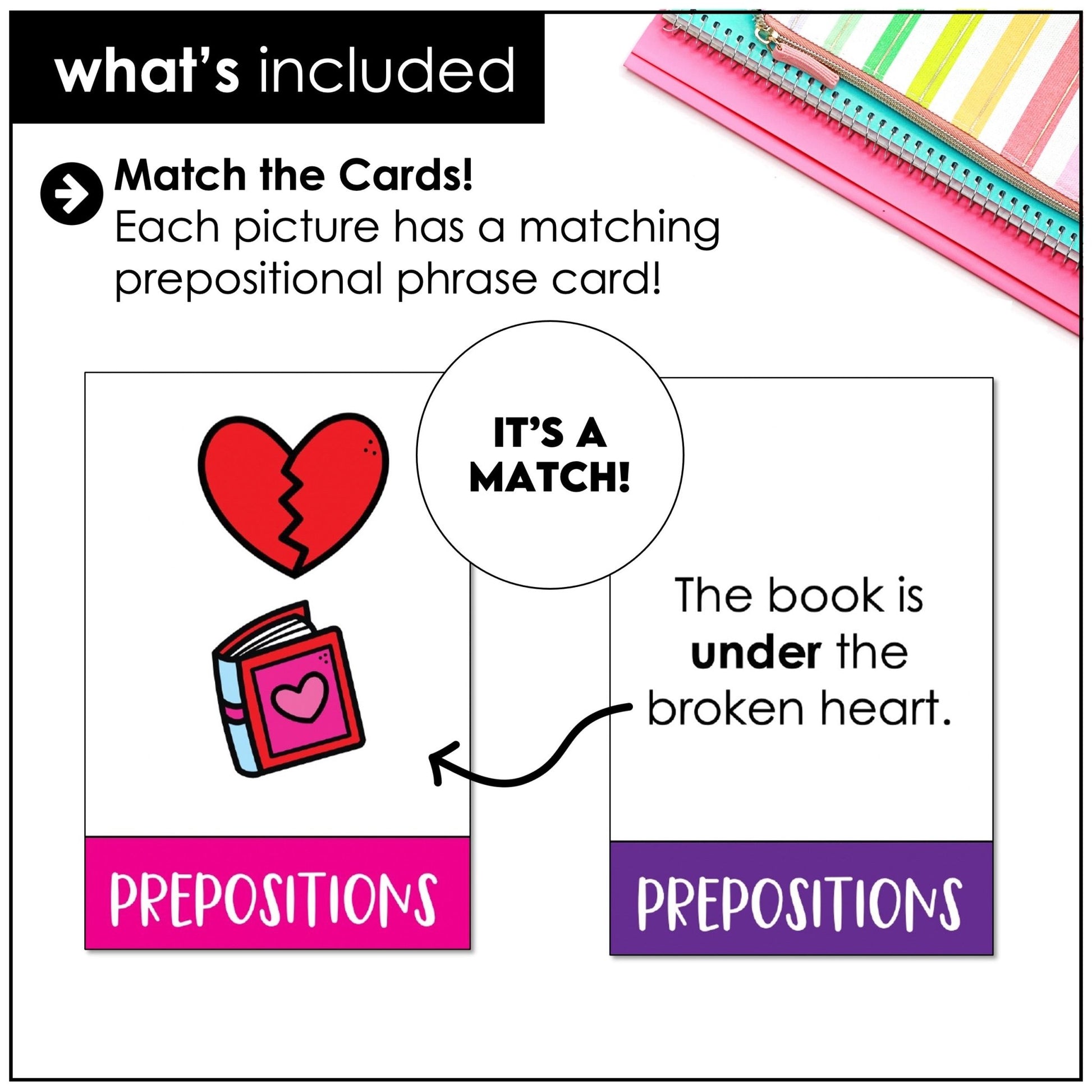 Valentine’s Day Prepositions of Place & Location – ESL Vocabulary Matching Cards - Hot Chocolate Teachables