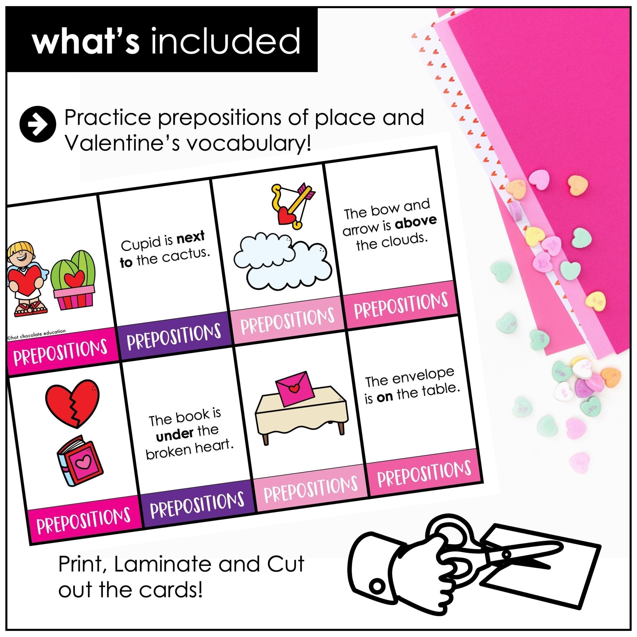 Valentine’s Day Prepositions of Place & Location – ESL Vocabulary Matching Cards - Hot Chocolate Teachables