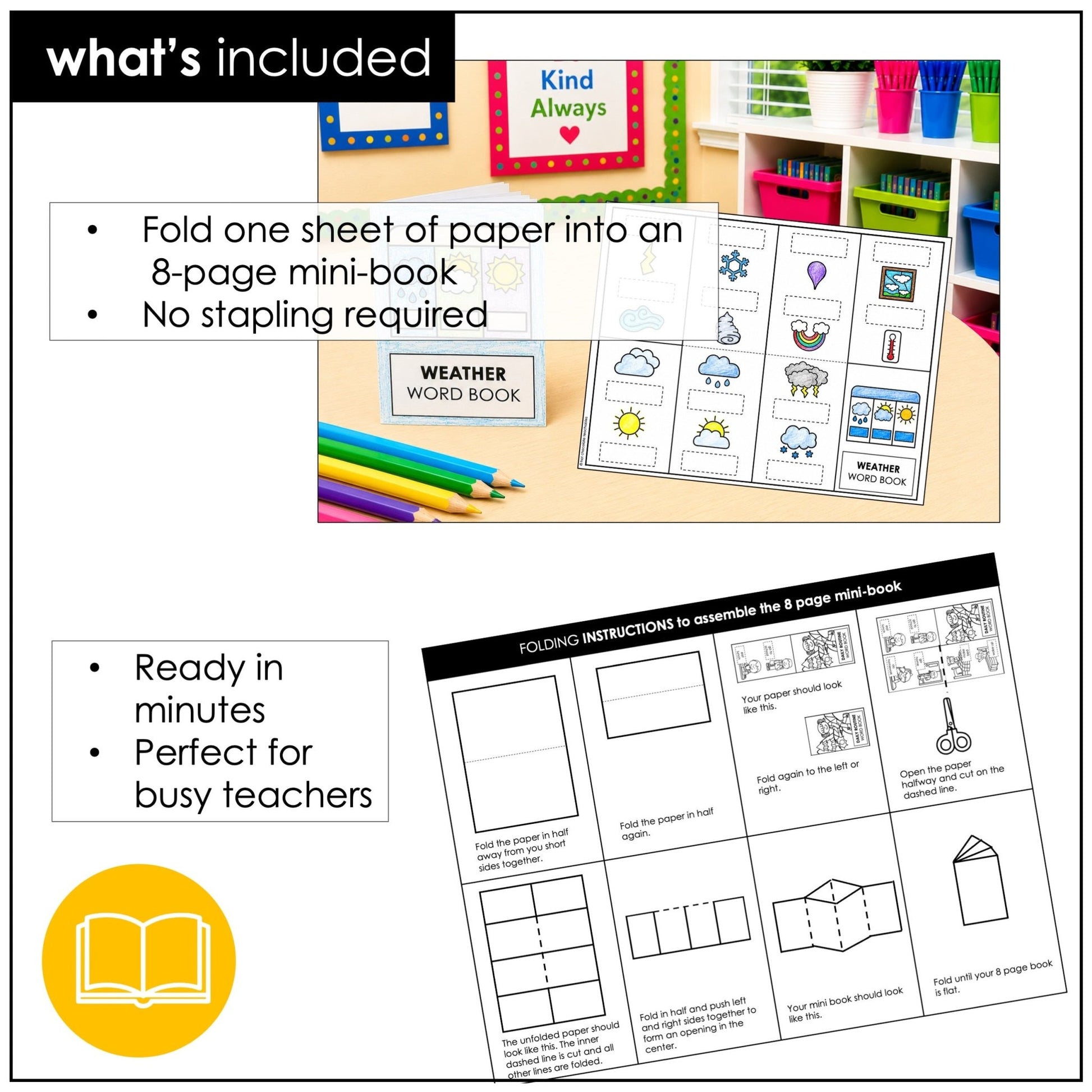 Weather Vocabulary Mini Book and Picture Dictionary for Young Learners - Hot Chocolate Teachables