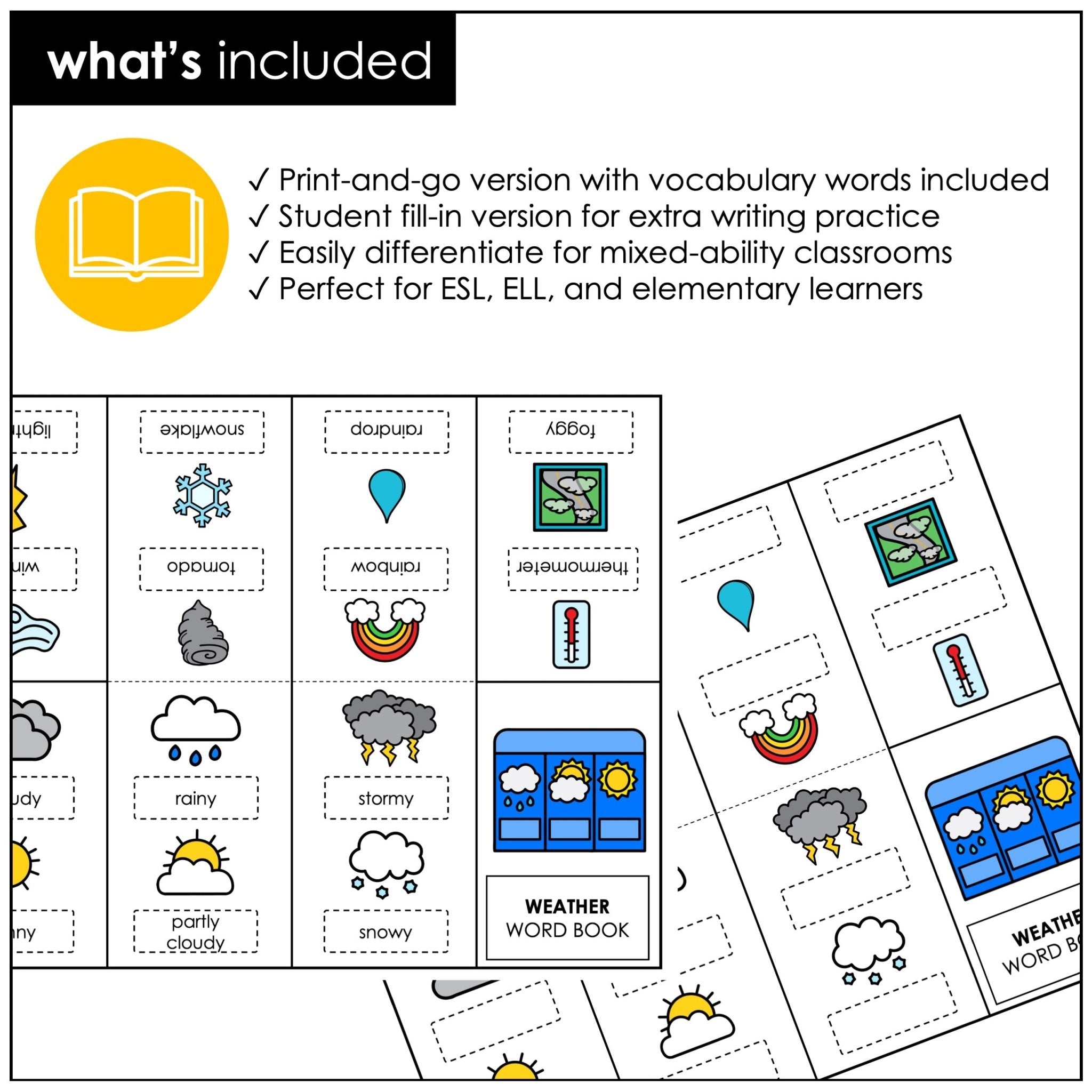 Weather Vocabulary Mini Book and Picture Dictionary for Young Learners - Hot Chocolate Teachables