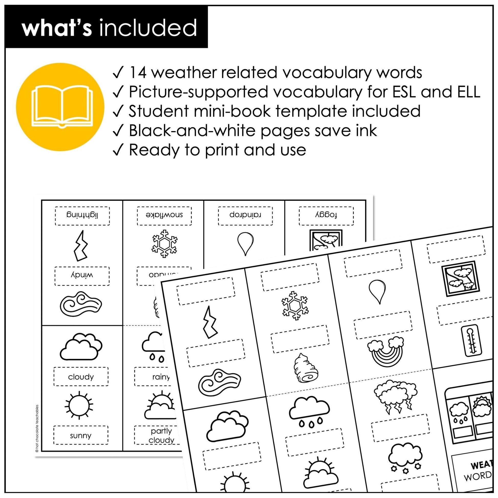 Weather Vocabulary Mini Book and Picture Dictionary for Young Learners - Hot Chocolate Teachables
