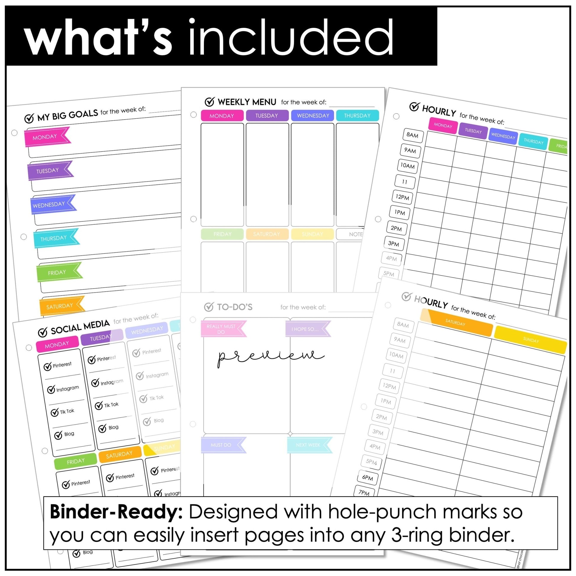 Weekly Planner, Menu, Goal Setting and Social Media Tracker Set - Editable - Hot Chocolate Teachables