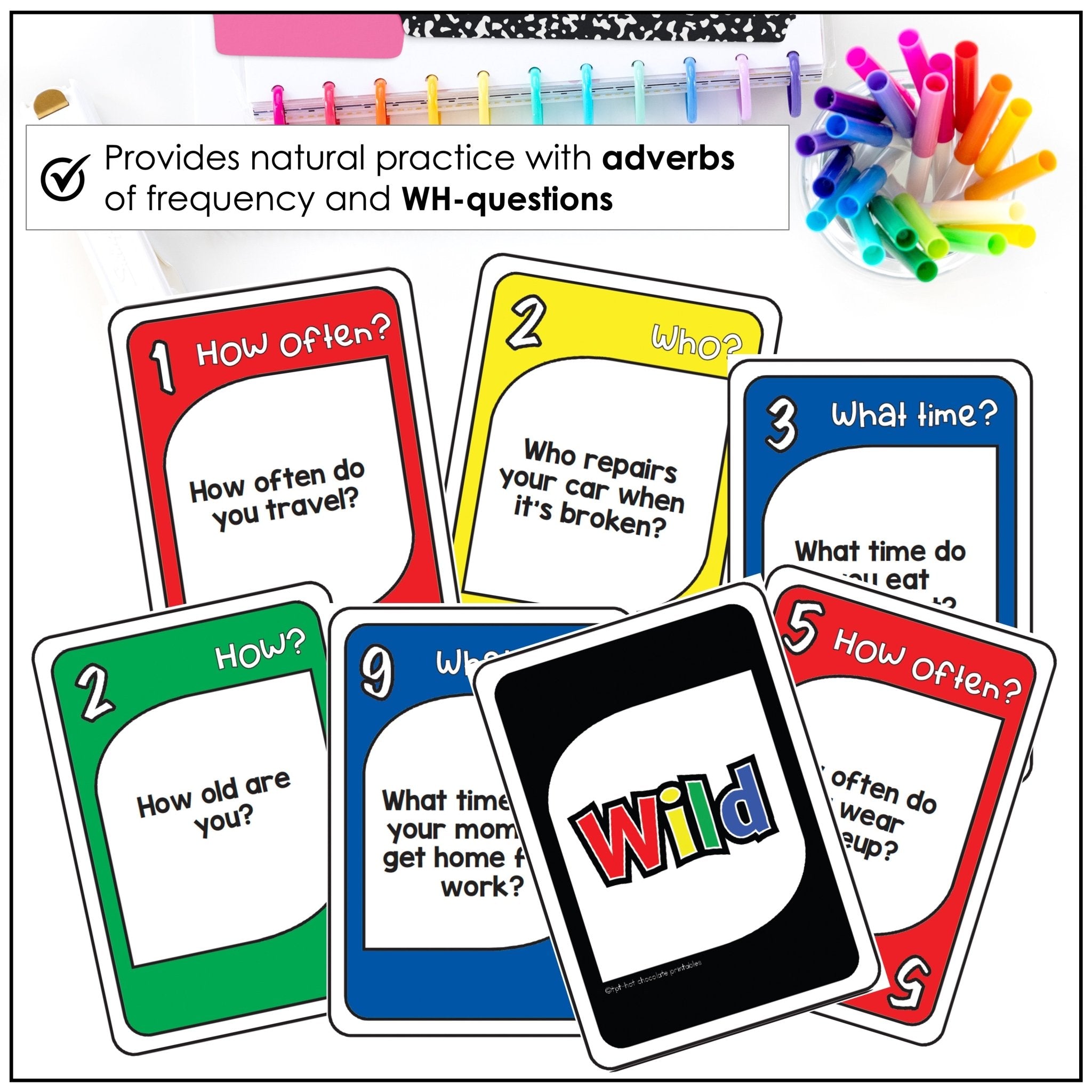 WH Question Card Game - How often, Who, What time? - Hot Chocolate Teachables