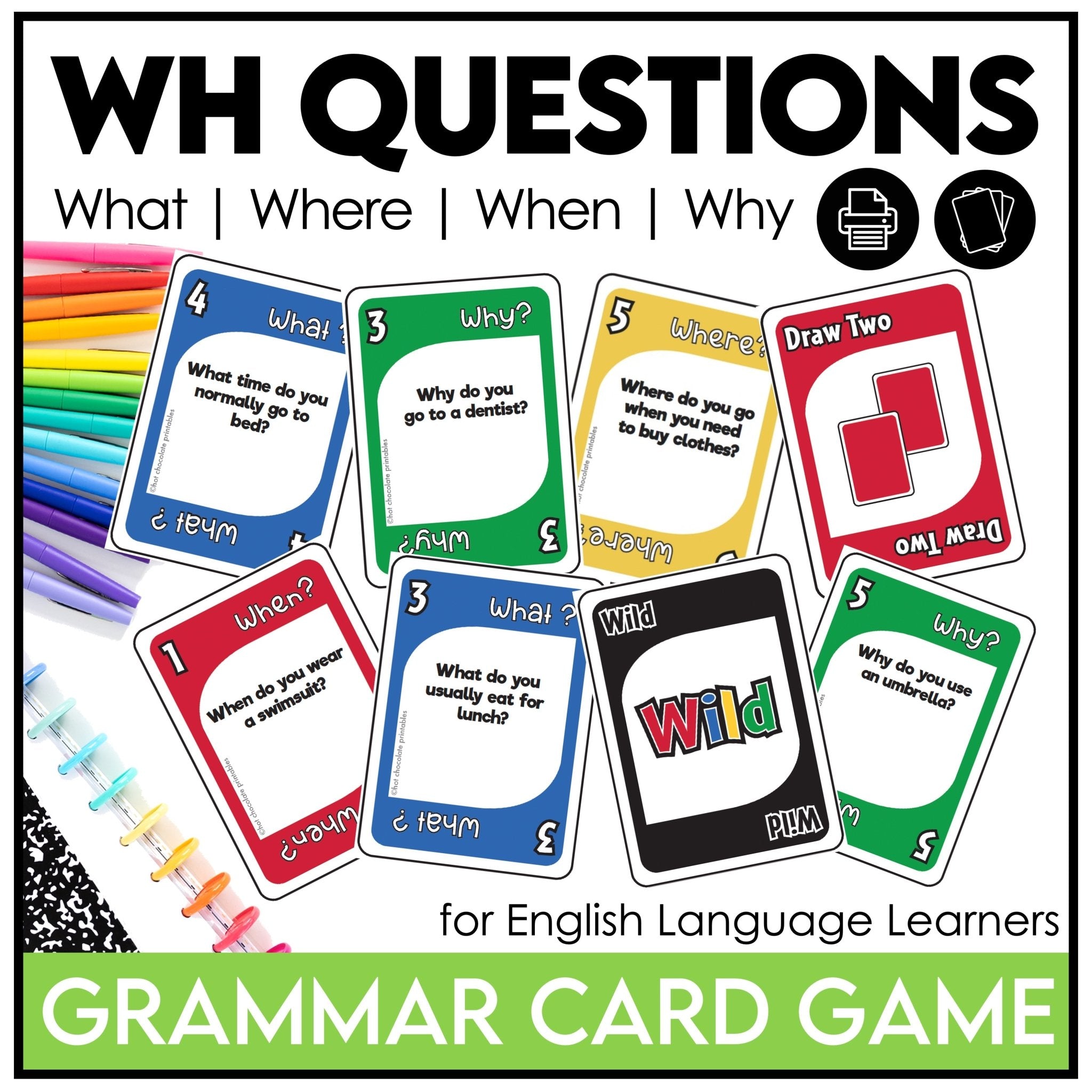 WH Question Card Game - What, When, Where & Why - Hot Chocolate Teachables