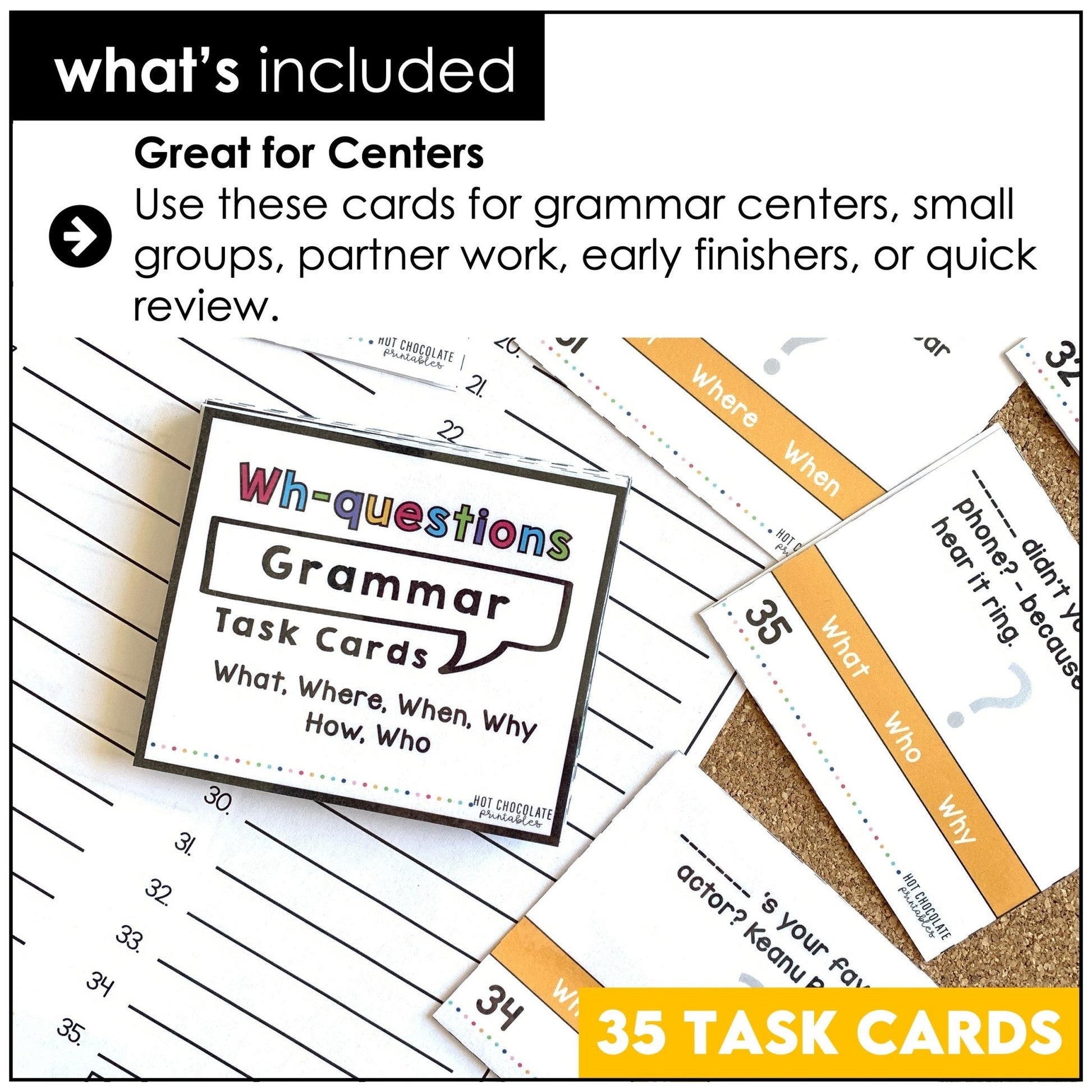 Wh Question Word Task Cards | What, Where, When, Why, Who, How - Hot Chocolate Teachables