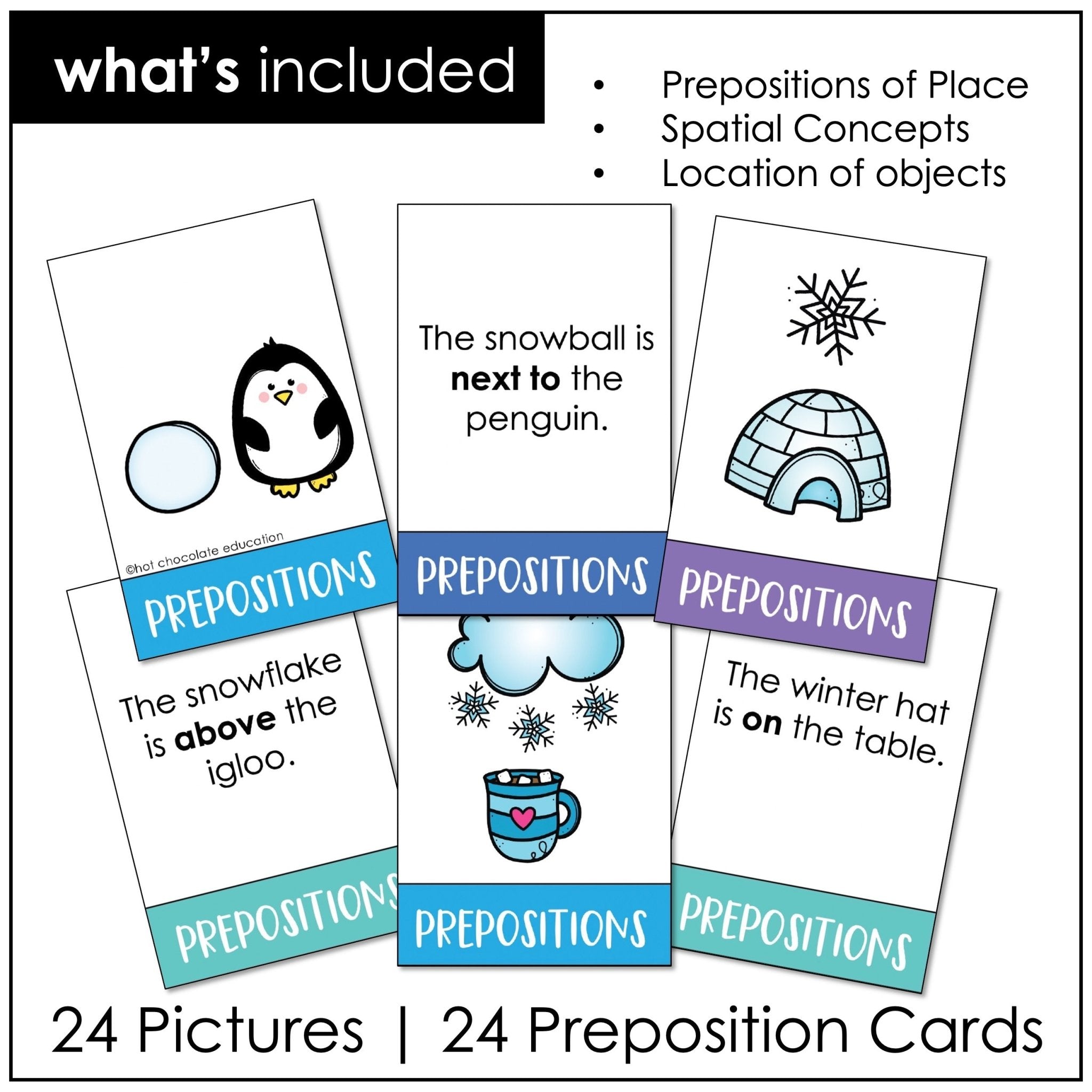 Winter Prepositions of Place Matching Cards: Prepositions Center Activity - Hot Chocolate Teachables