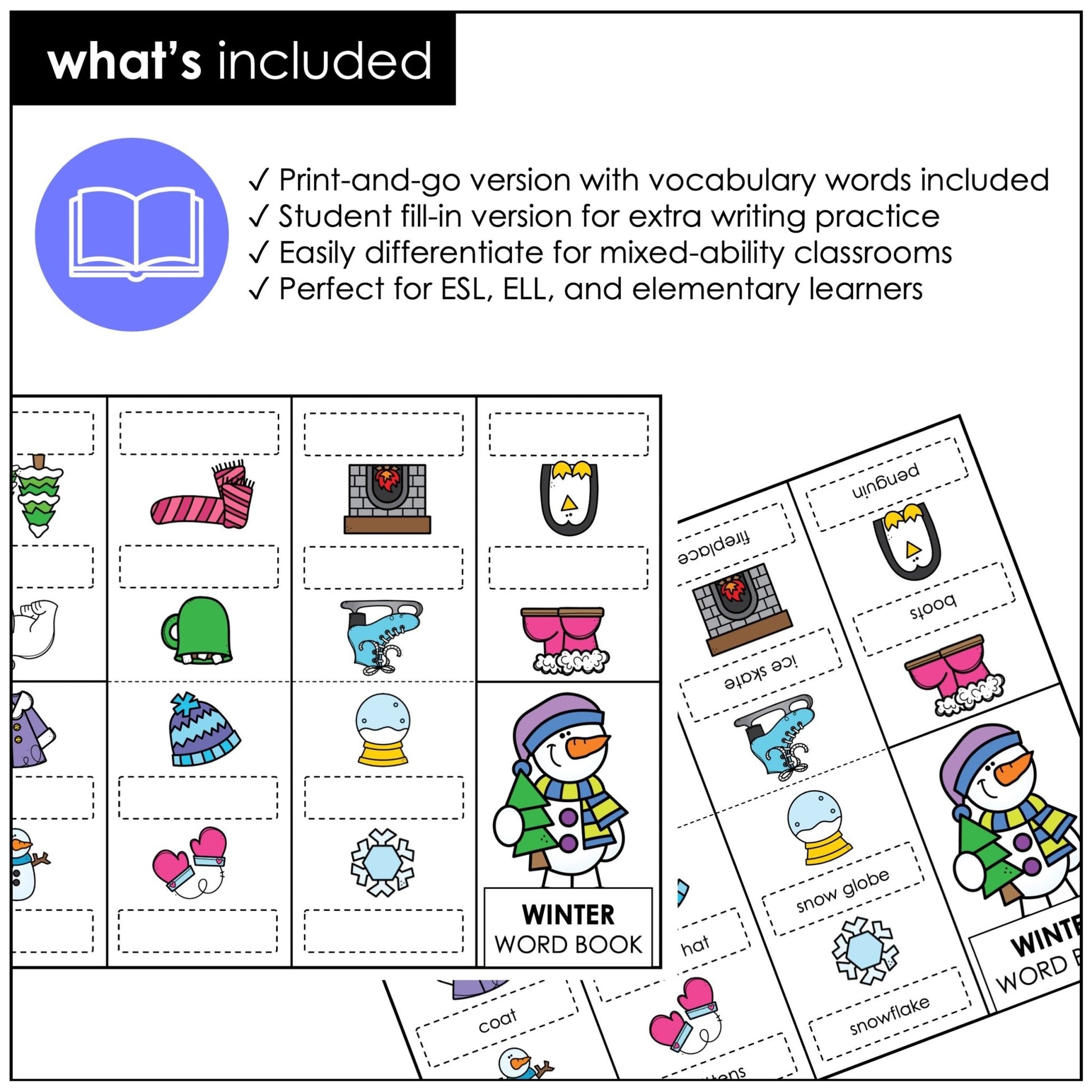 Winter Vocabulary Word Mini Book | Picture Dictionary Activity - Hot Chocolate Teachables