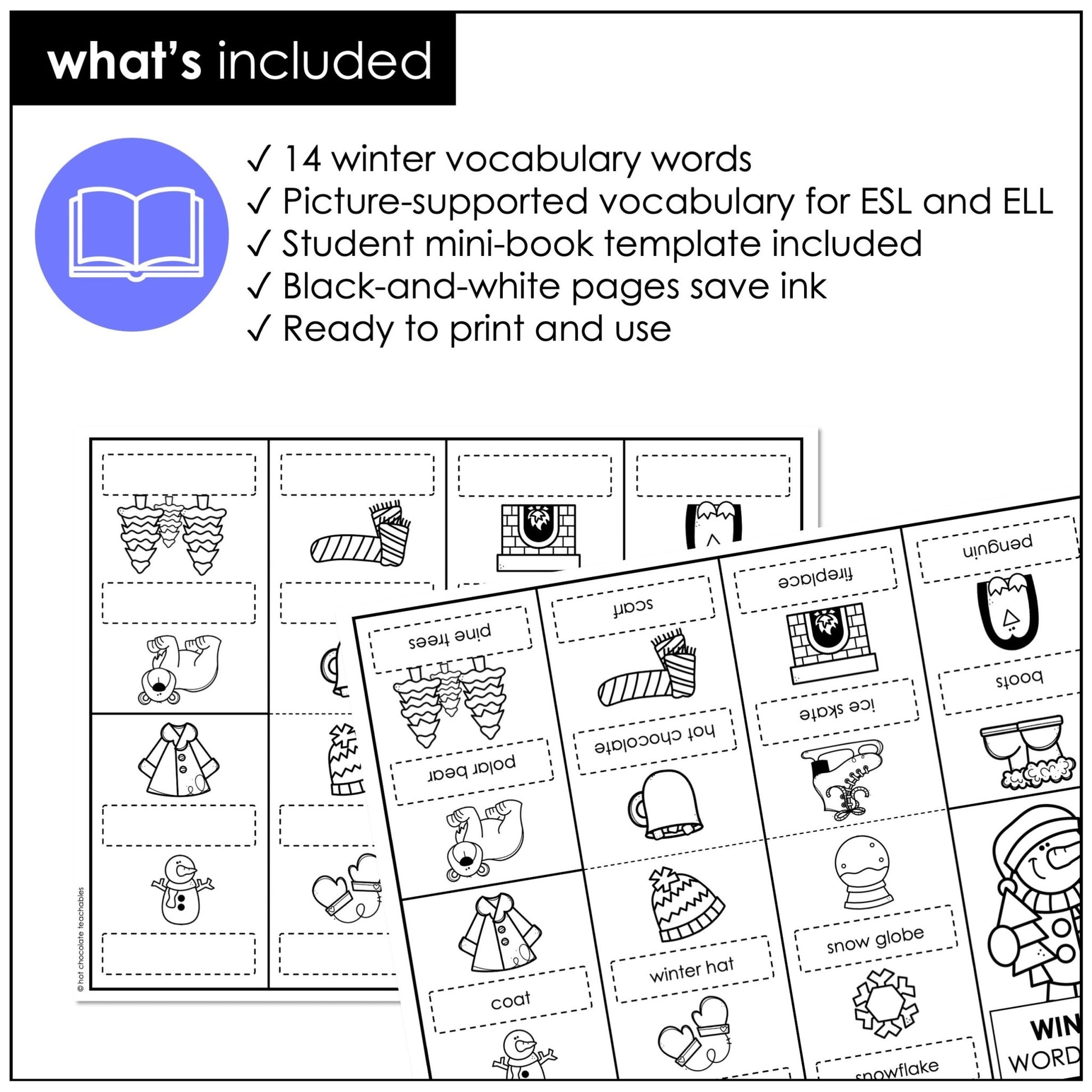 Winter Vocabulary Word Mini Book | Picture Dictionary Activity - Hot Chocolate Teachables