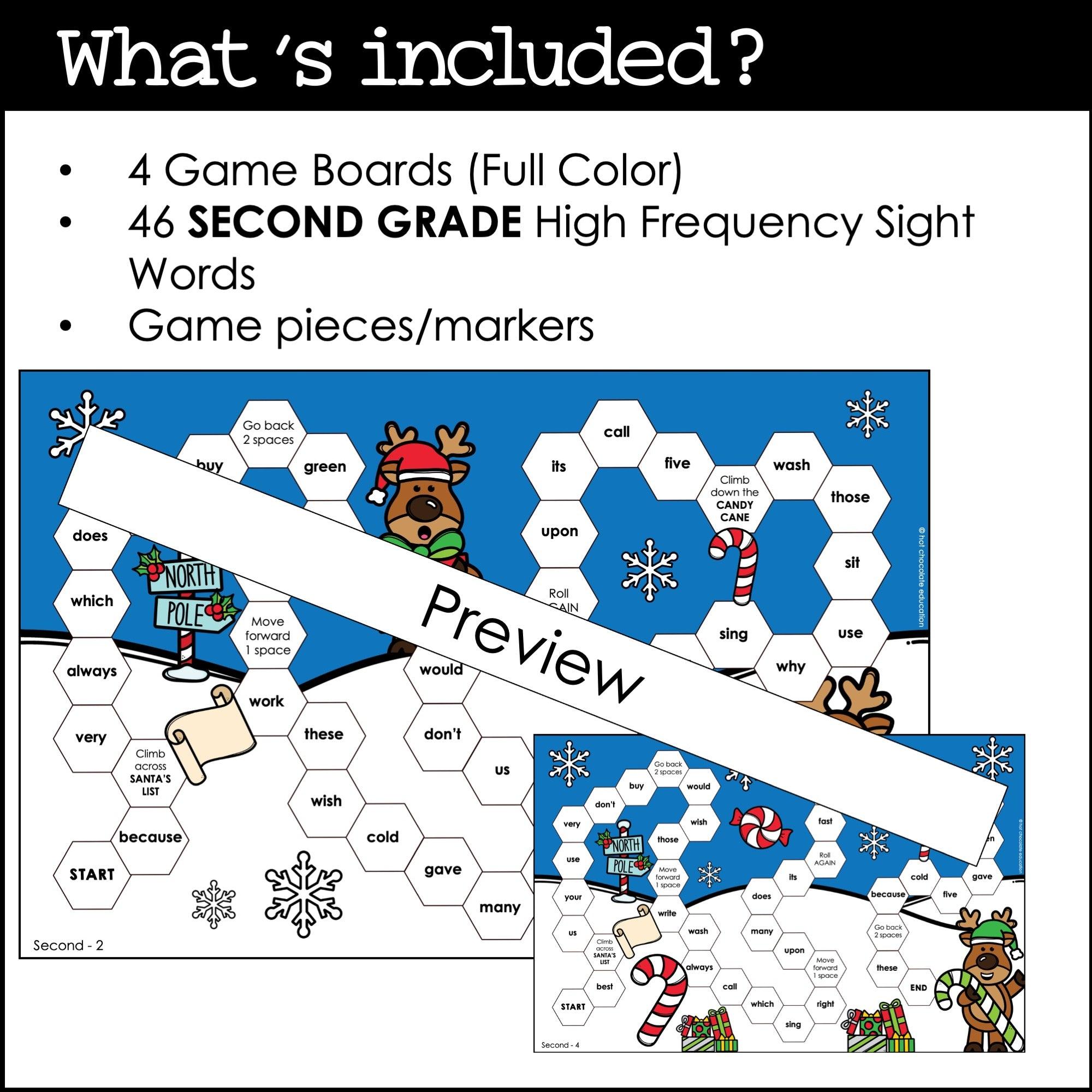 CHRISTMAS 2nd GRADE Sight Word Board Games - Dolch Aligned Words - Hot Chocolate Teachables
