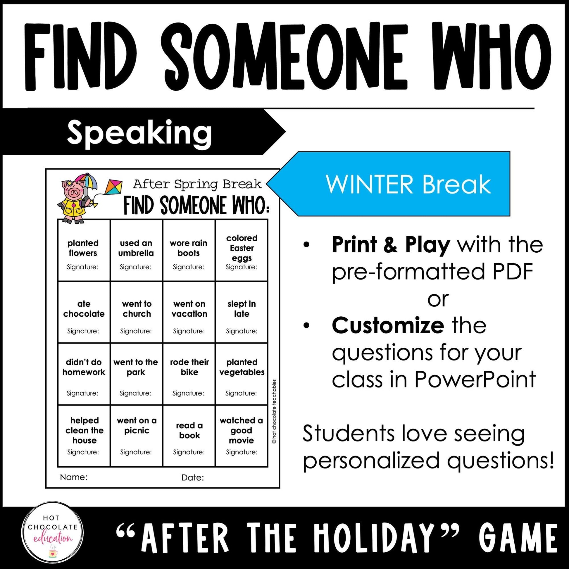 Find Someone Who - After Winter Break - Editable - Hot Chocolate Teachables