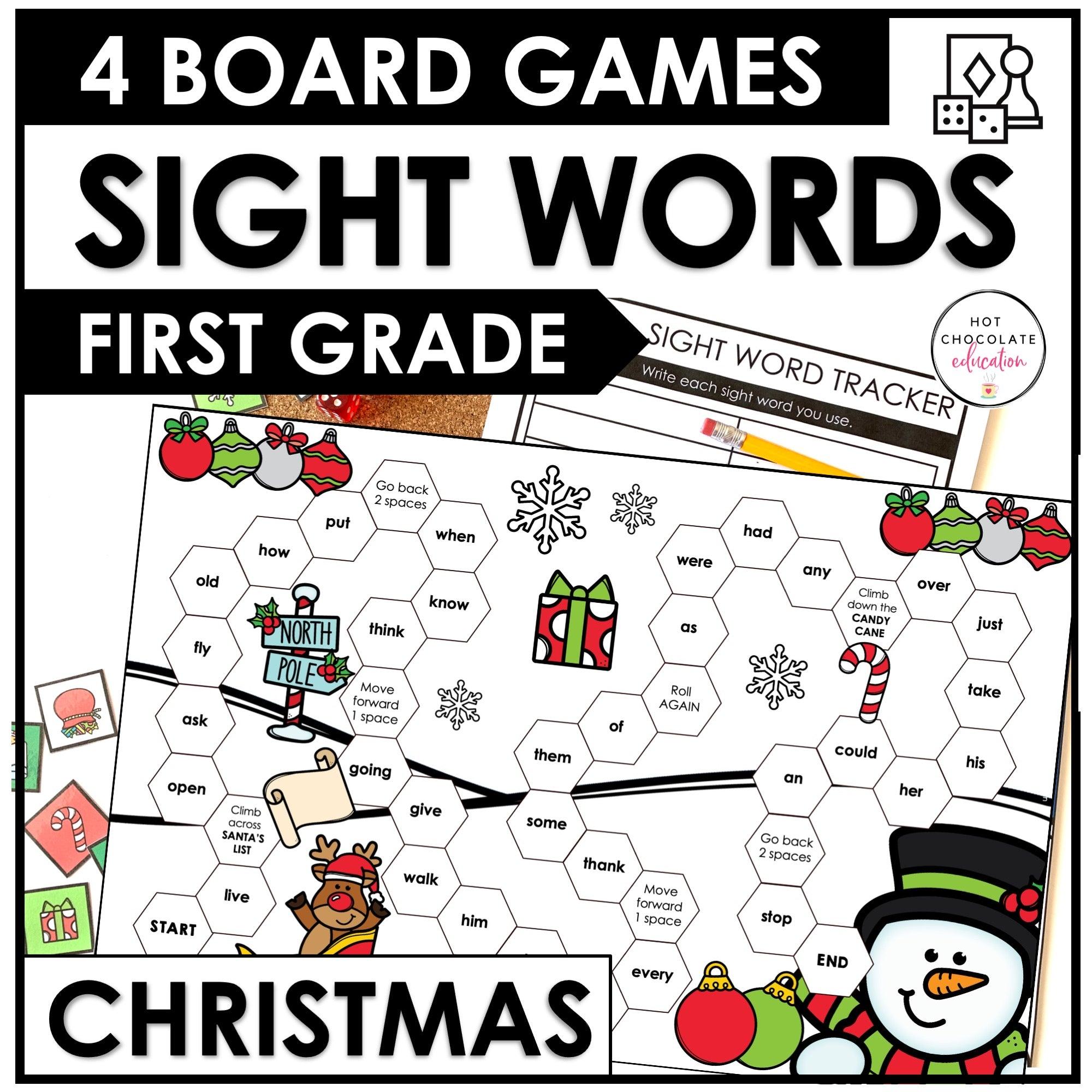 FIRST GRADE Sight Word Board Games for CHRISTMAS - Dolch Aligned Words - Hot Chocolate Teachables