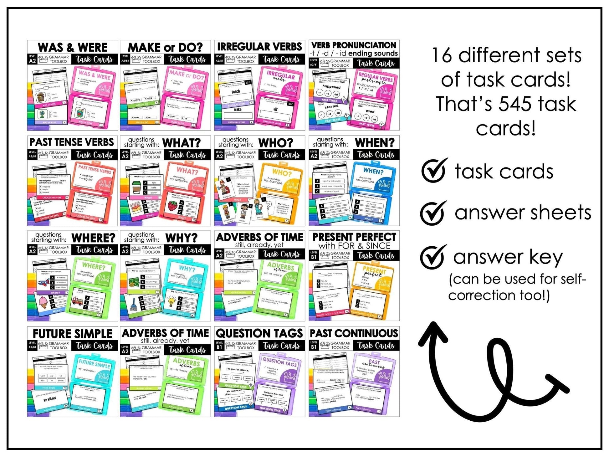 Grammar Task Cards Bundle - WH Questions, Past & Future Verb Tenses - A2 B1 ESL - Hot Chocolate Teachables