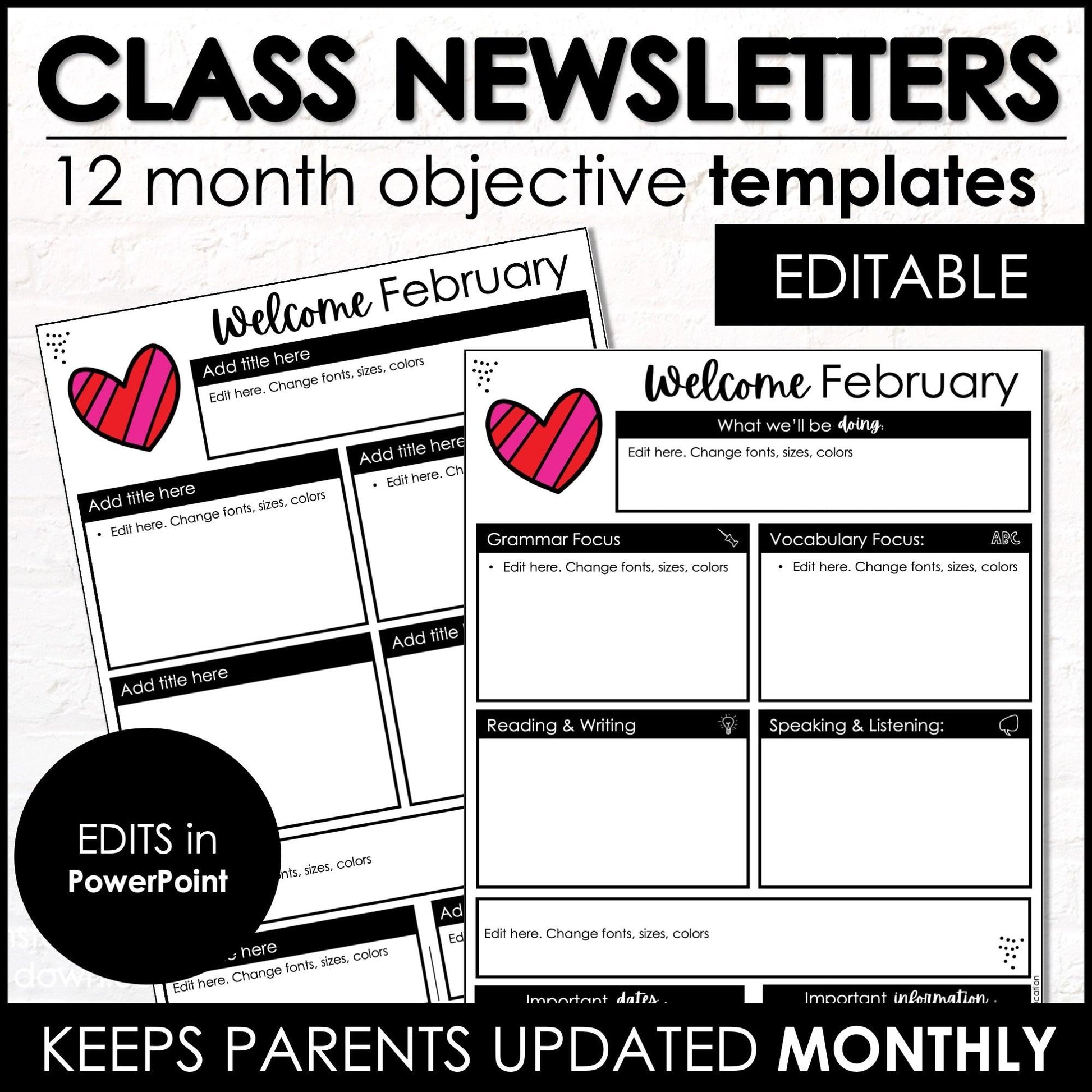Monthly Parent Newsletter Templates - Editable ESL EFL ELL Classroom Objectives - Hot Chocolate Teachables