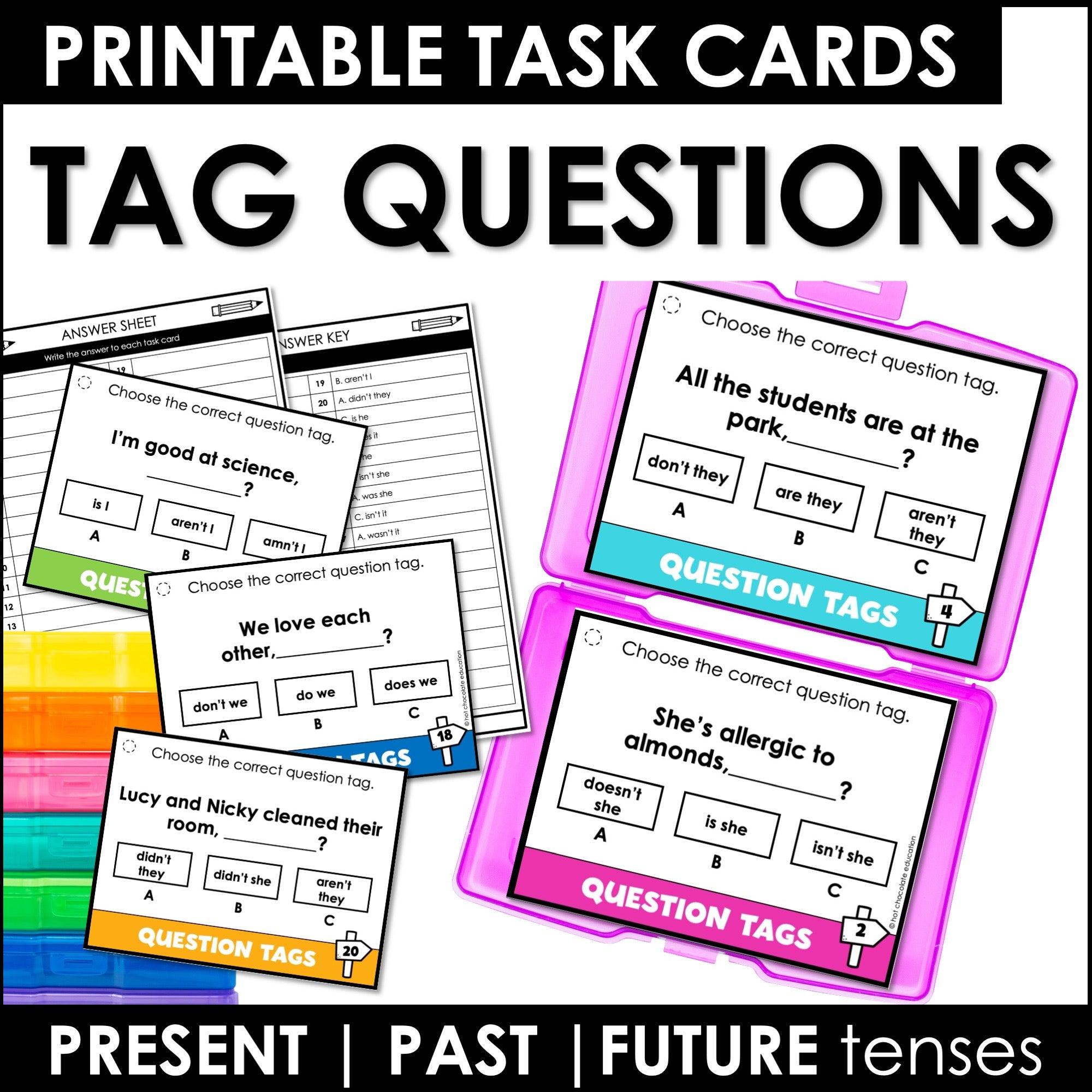 Tag Questions Task Cards - Present, Past & Future Tenses - Hot Chocolate Teachables